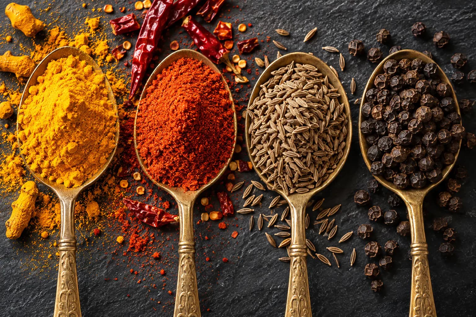Spoons of turmeric, chilli, cumin and black pepper — the core of Weorex's export range
