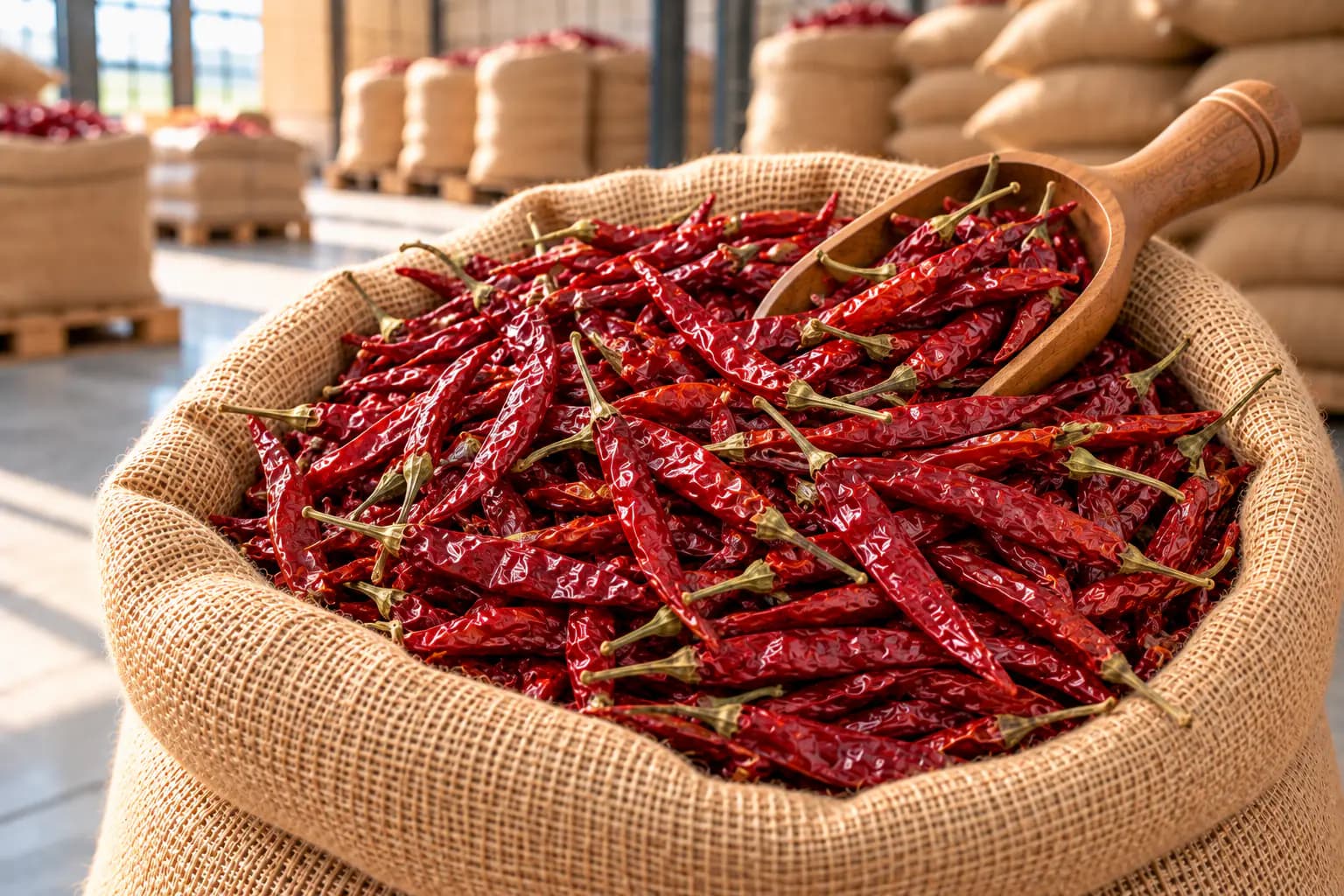 Open jute sack of dried red chillies ready for export