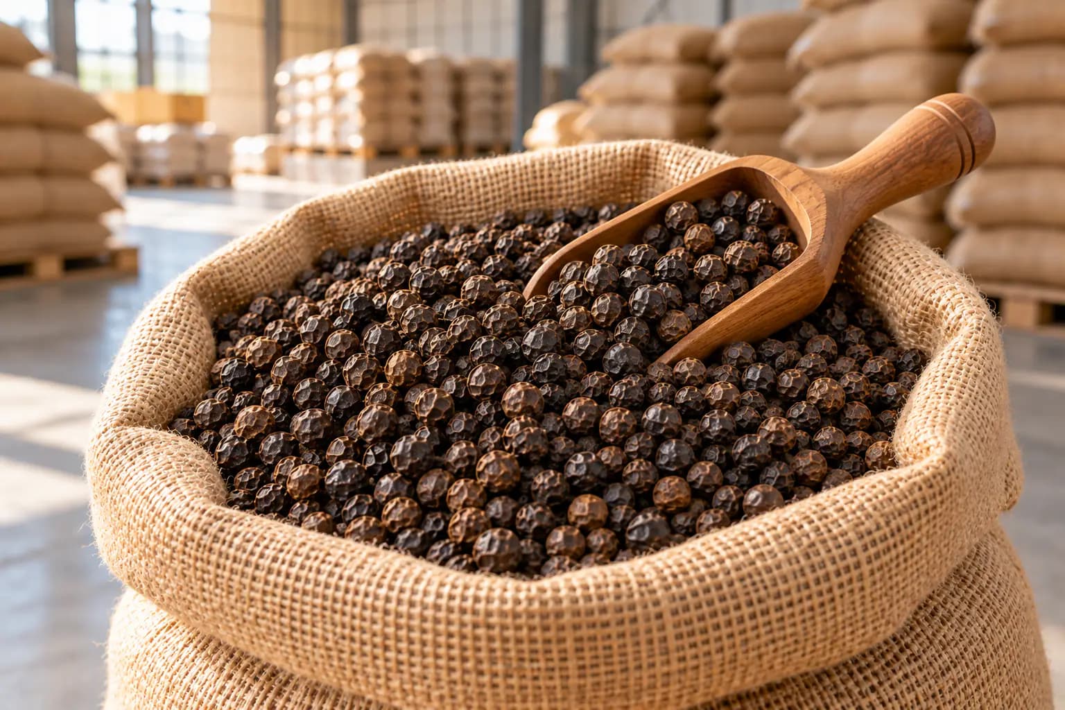 Open jute sack of black peppercorns ready for export from India